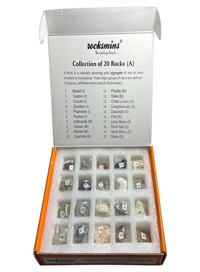 Rocksmins Collection of 20 Rocks Educational Kit Real Rock Collection for Kids & Adults STEM Learning Science Kit with Identification Guide & Storage Box - Image 1